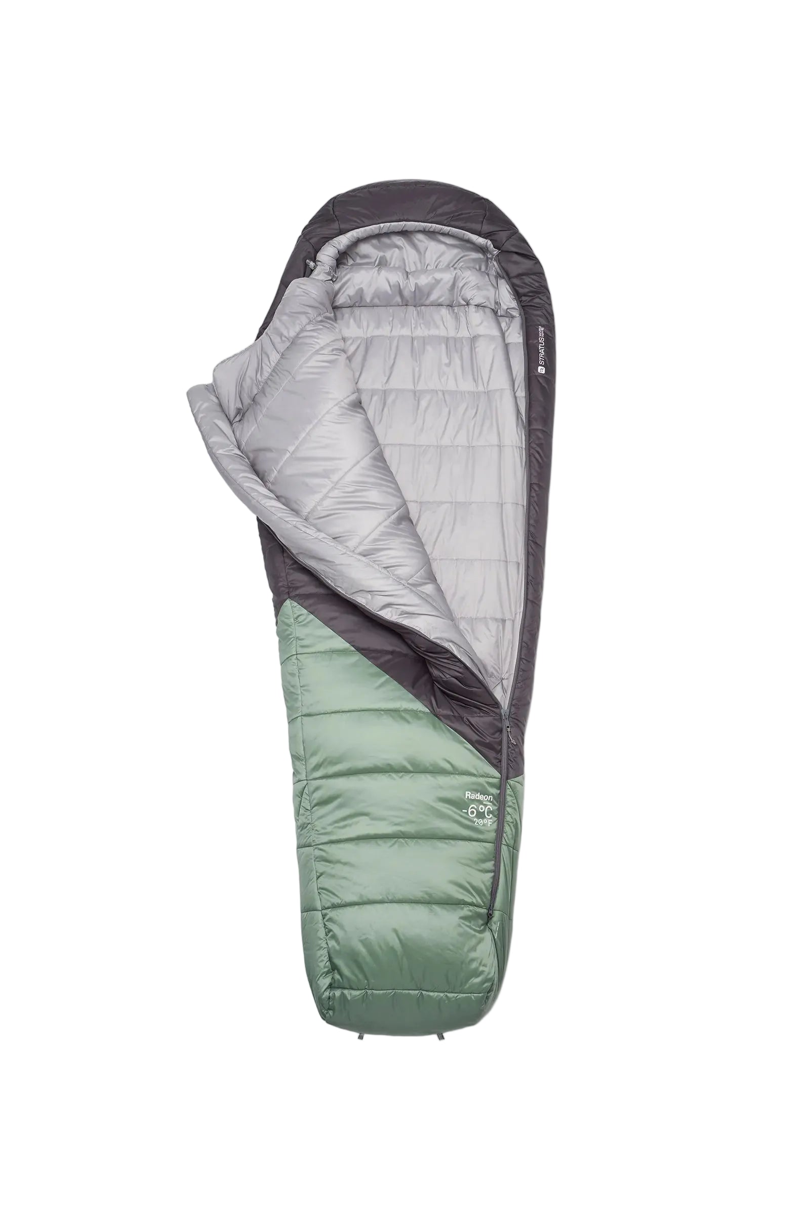 Rab Women's Radeon Synthetic Sleeping Bag (-6°C/20F) in Dark Fig Green/Graphene - unzipped, open