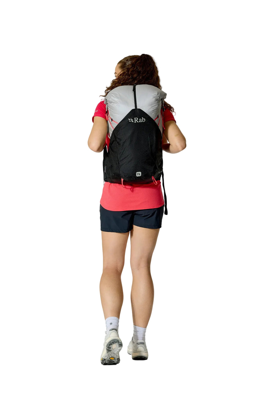 Rab Women's Syclon XP ND 28L Waterproof Pack in Black/Dark Pewter - Back View On Model 2