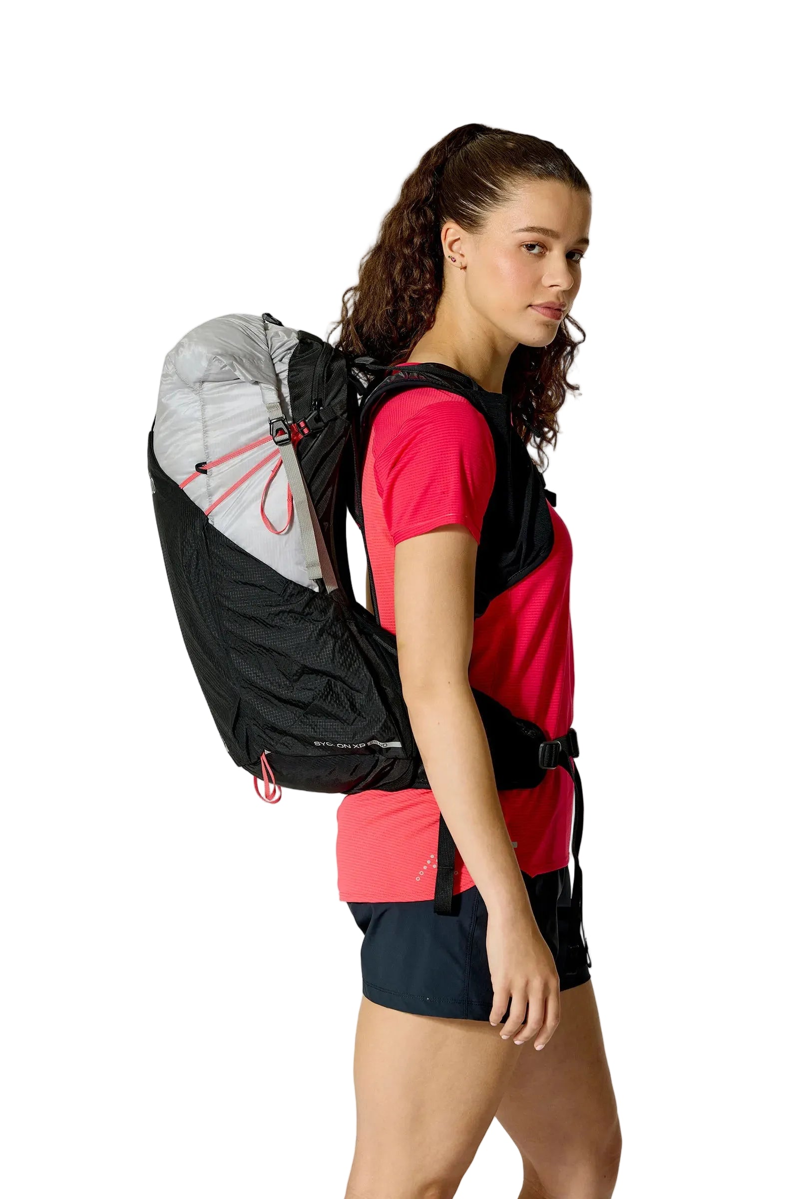 Rab Women's Syclon XP ND 28L Waterproof Pack in Black/Dark Pewter - Side View On Model 4