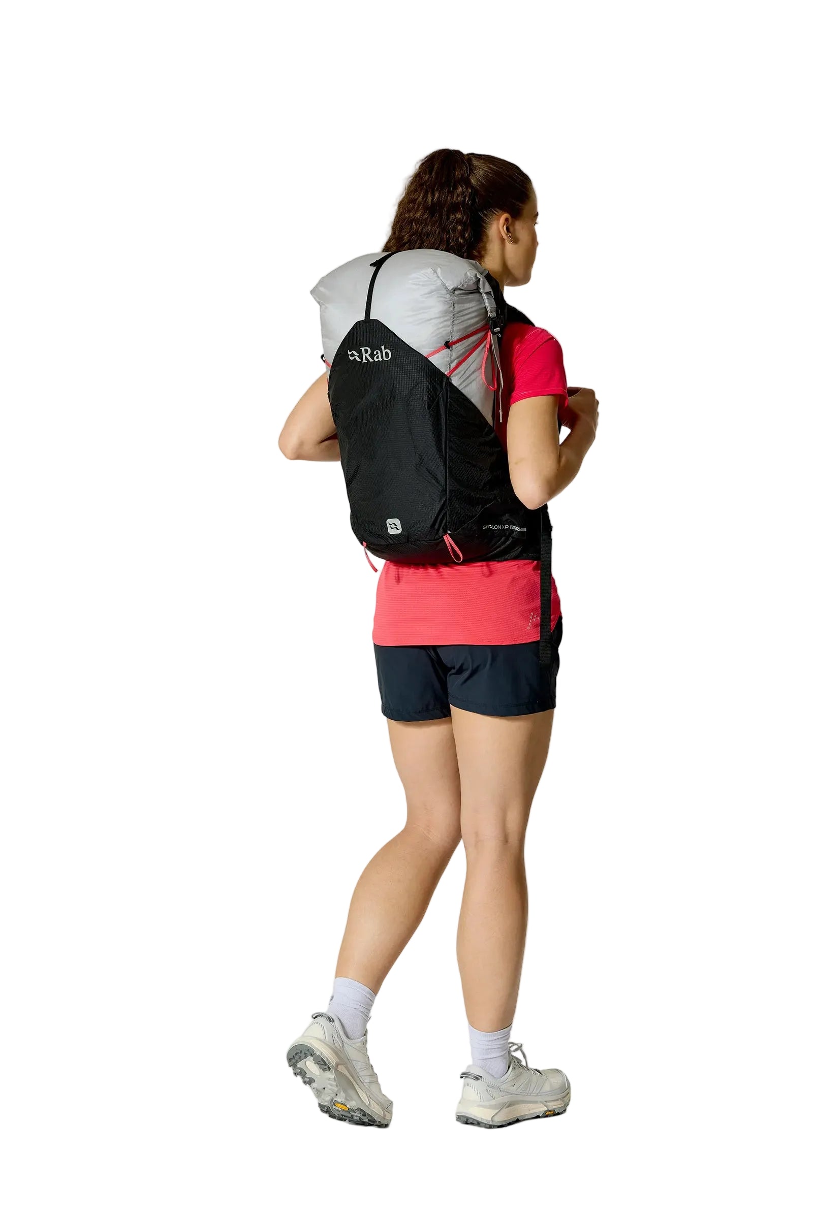 Rab Women's Syclon XP ND 28L Waterproof Pack in Black/Dark Pewter - Three Quarter View On Model 2