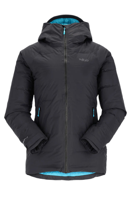 Rab Women's Valiance Waterproof Down Jacket in Black/Aquamarine - front