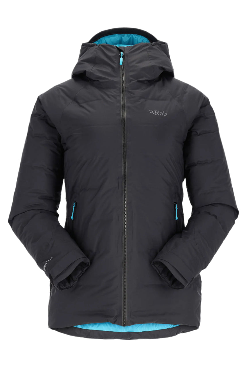 Rab Women's Valiance Waterproof Down Jacket in Black/Aquamarine - front