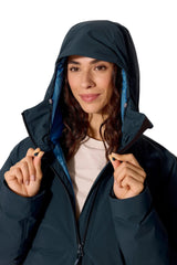 Rab Women's Valiance Waterproof Down Jacket in Galaxy Blue - hood detail, worn