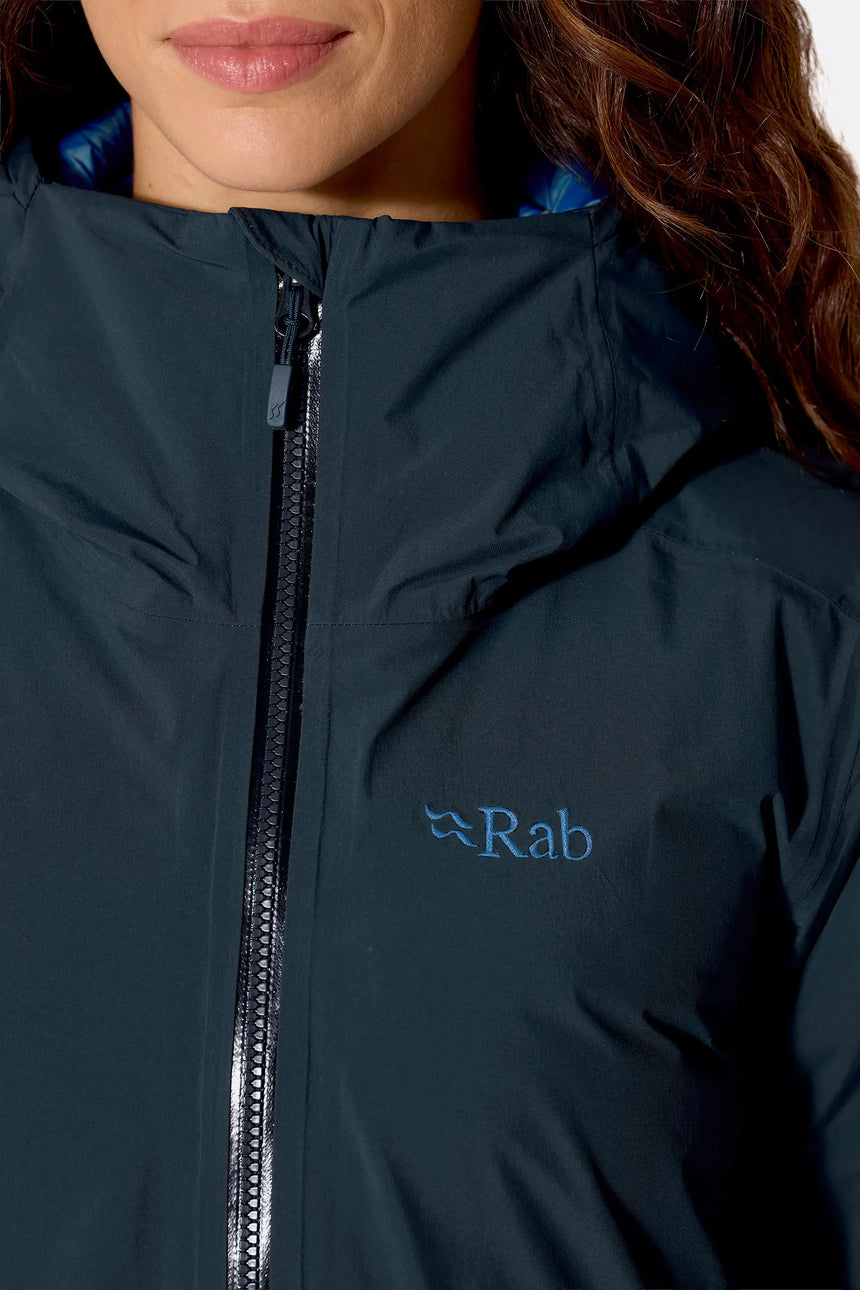 Rab Women's Valiance Waterproof Down Jacket in Galaxy Blue - zip pull detail
