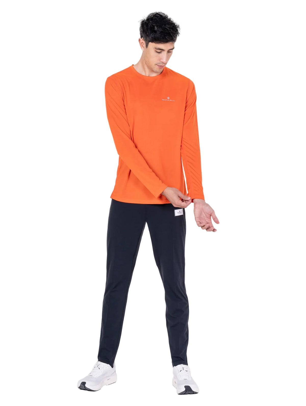 Ronhill Men's Core L/S Tee in Ronhill Red - worn, three-quarter