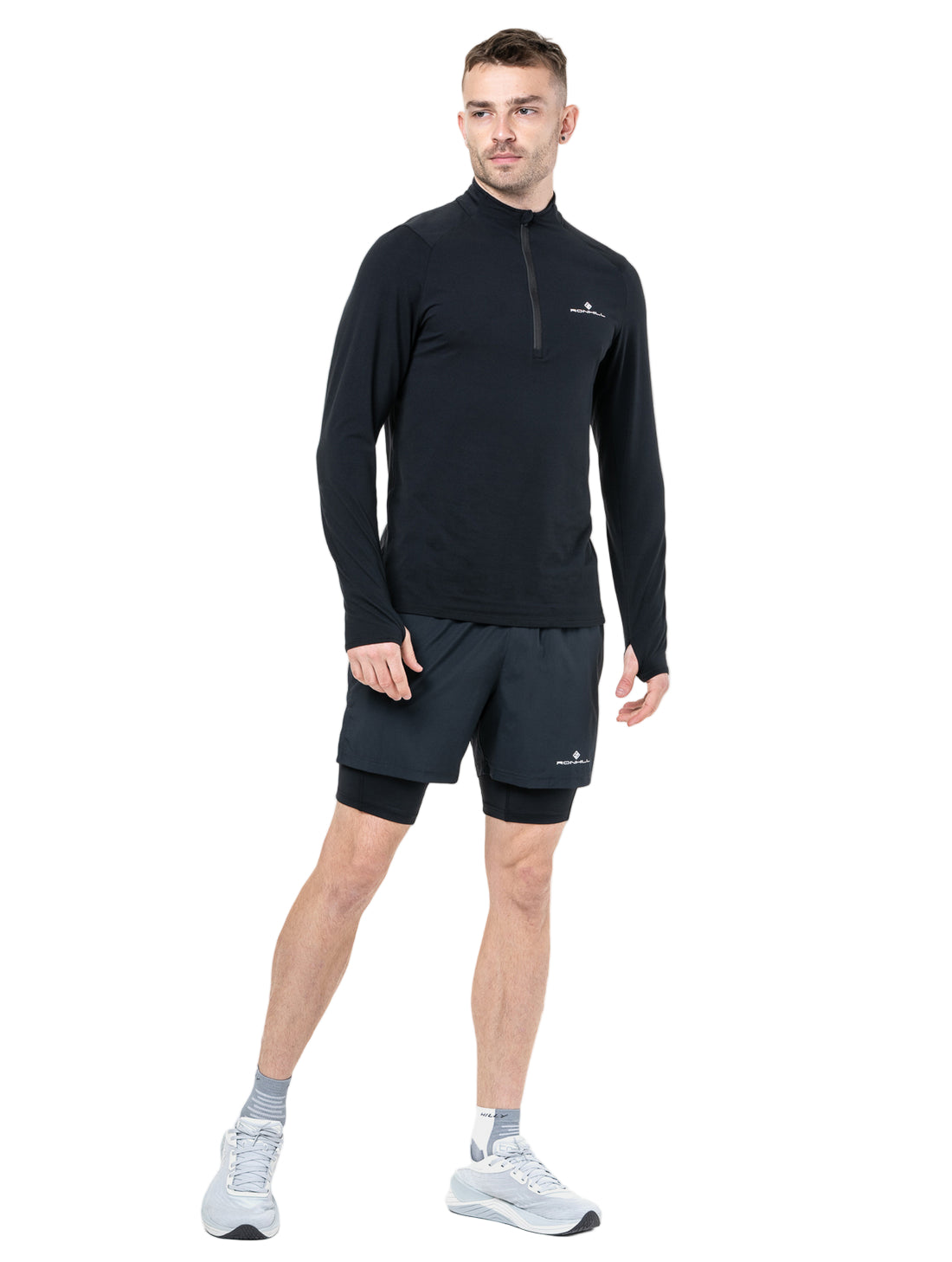 Ronhill Men's Core Thermal 1/2 Zip in Black/Bright White - worn, front
