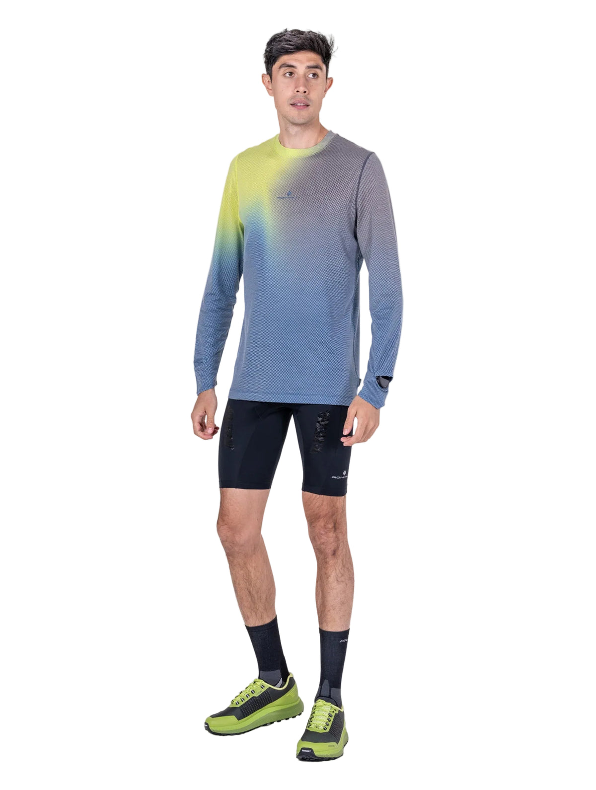 Ronhill Men's Tech Golden Hour L/S Tee in Glacier Merge - worn, front