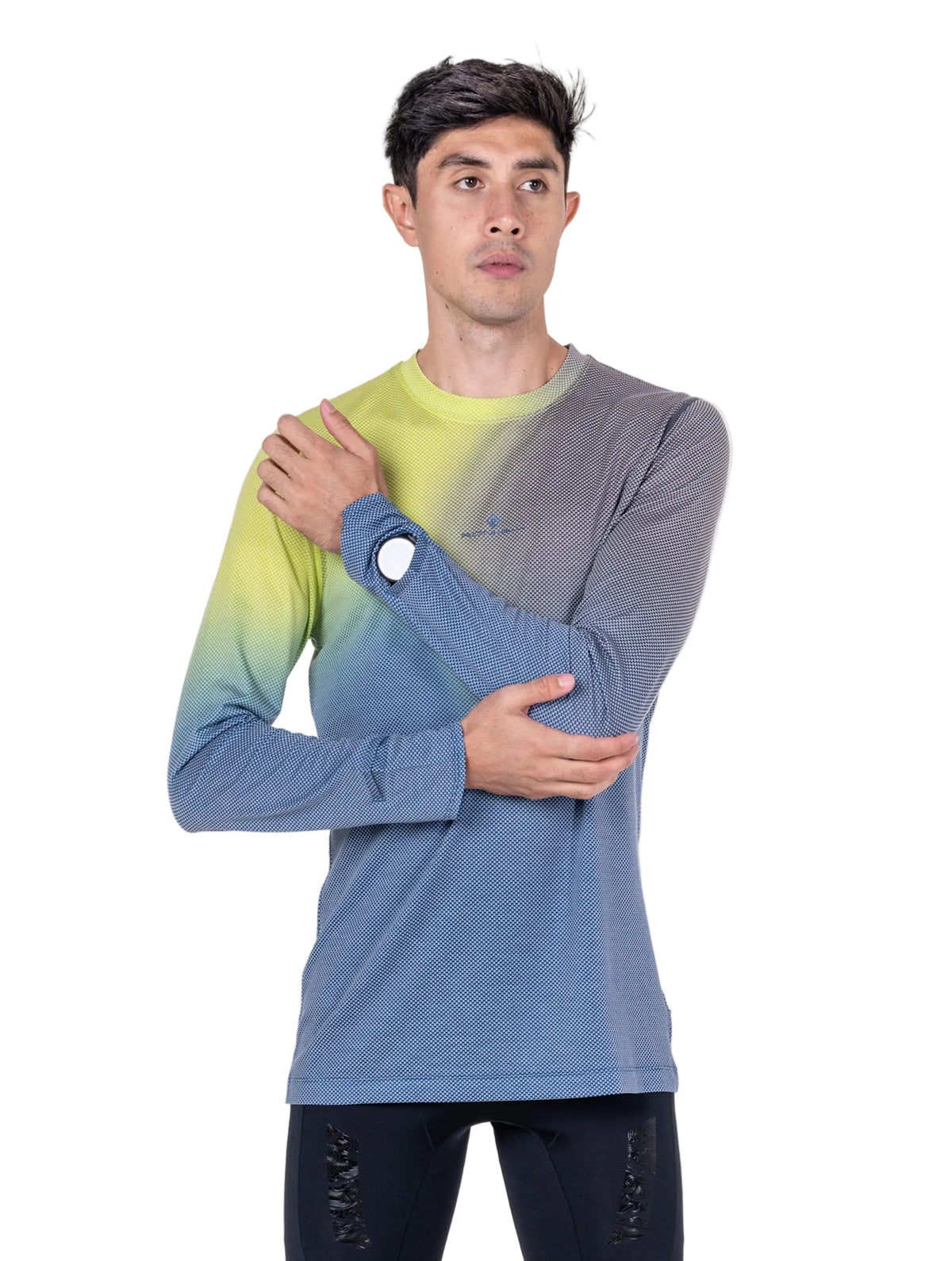 Ronhill Men's Tech Golden Hour L/S Tee in Glacier Merge - worn