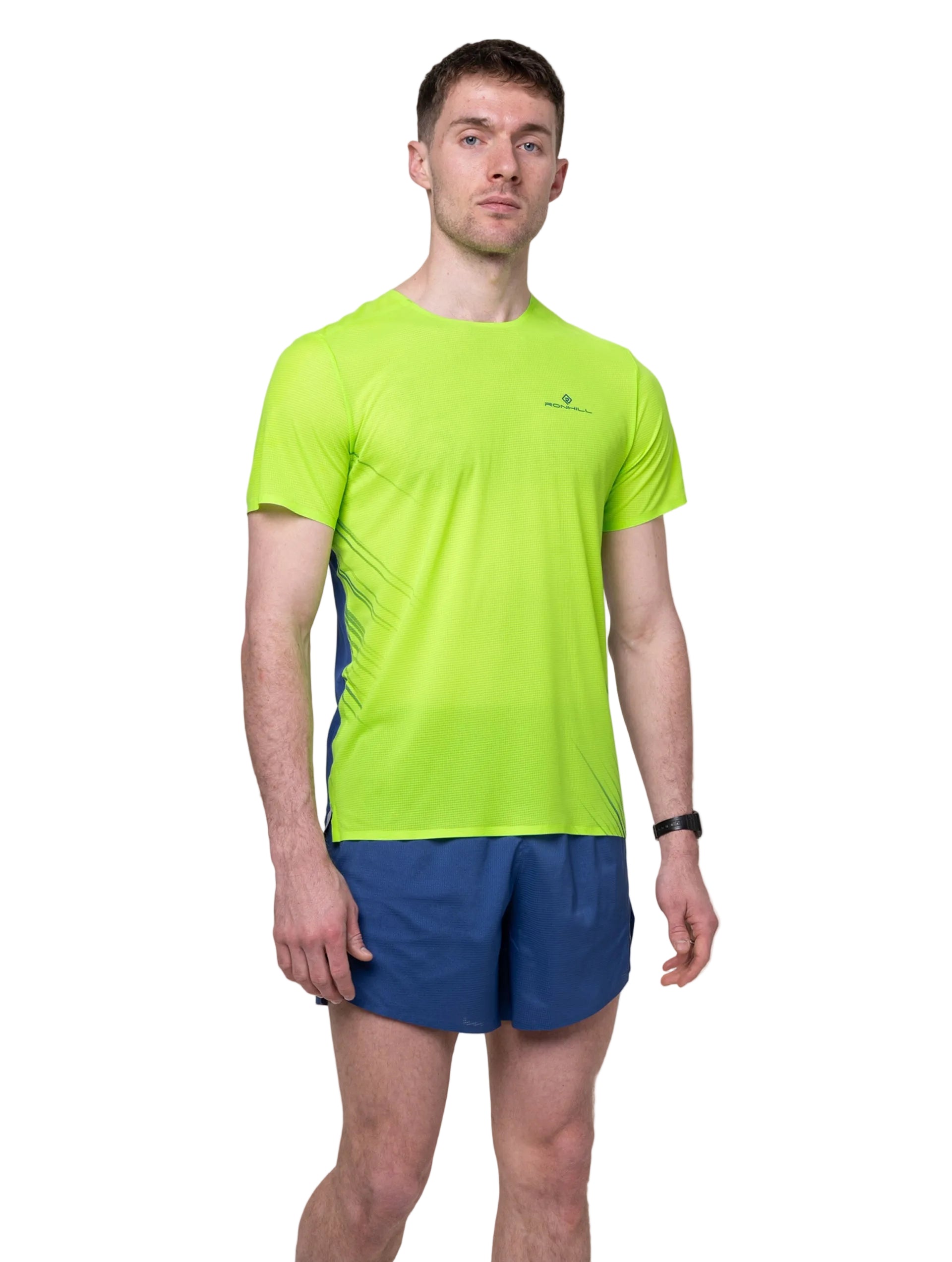 Ronhill Men's Tech Race S/S Tee in Fluo Green/Dark Cobalt - detail, 1