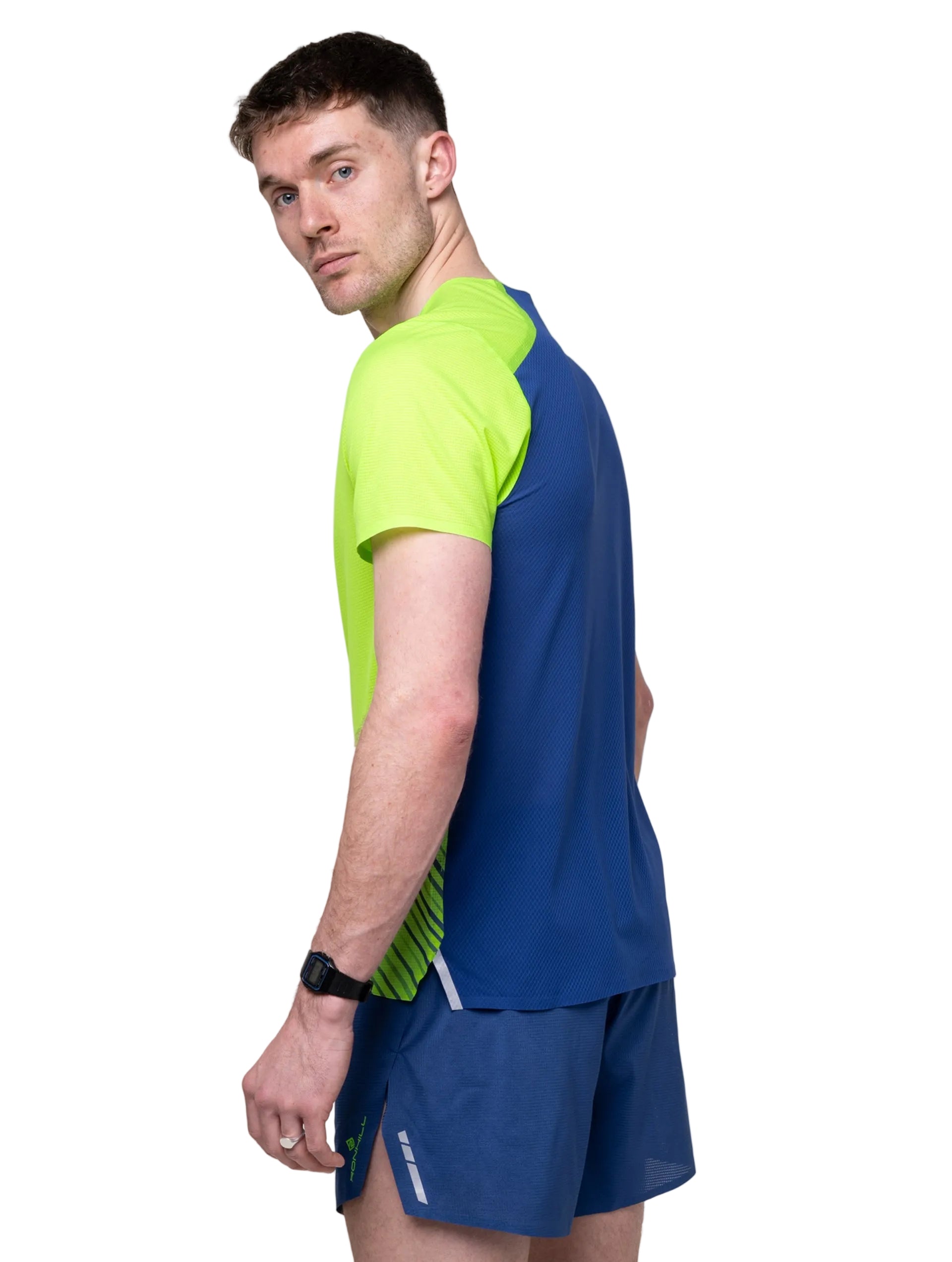 Ronhill Men's Tech Race S/S Tee in Fluo Green/Dark Cobalt - detail, 2