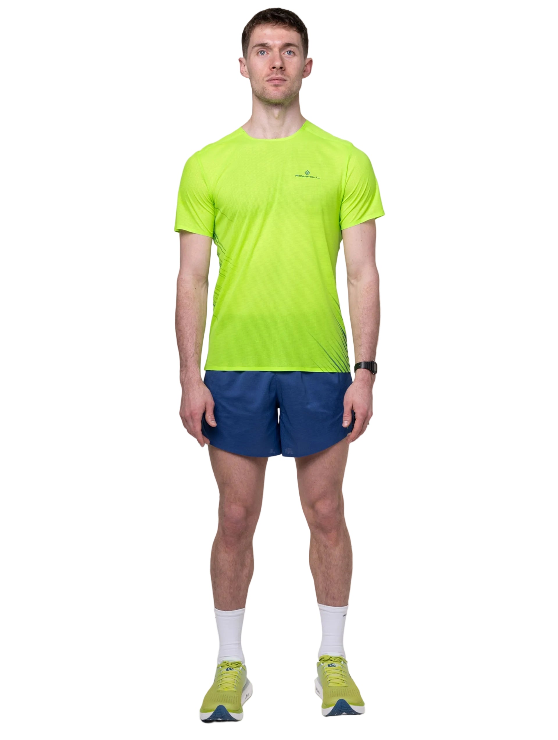 Ronhill Men's Tech Race S/S Tee in Fluo Green/Dark Cobalt - detail, 3