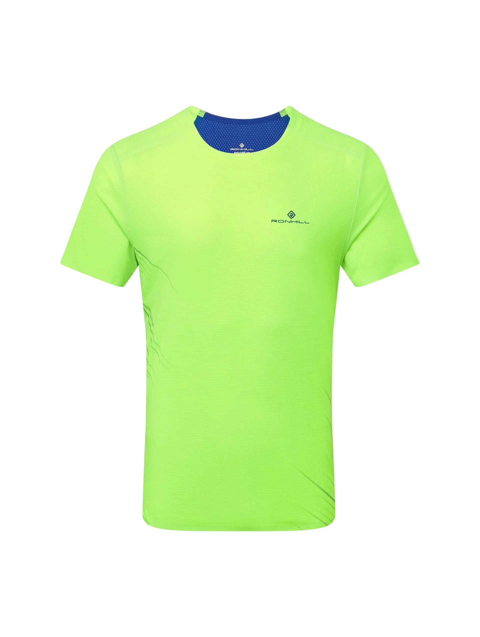 Ronhill Men's Tech Race S/S Tee in Fluo Green/Dark Cobalt - front