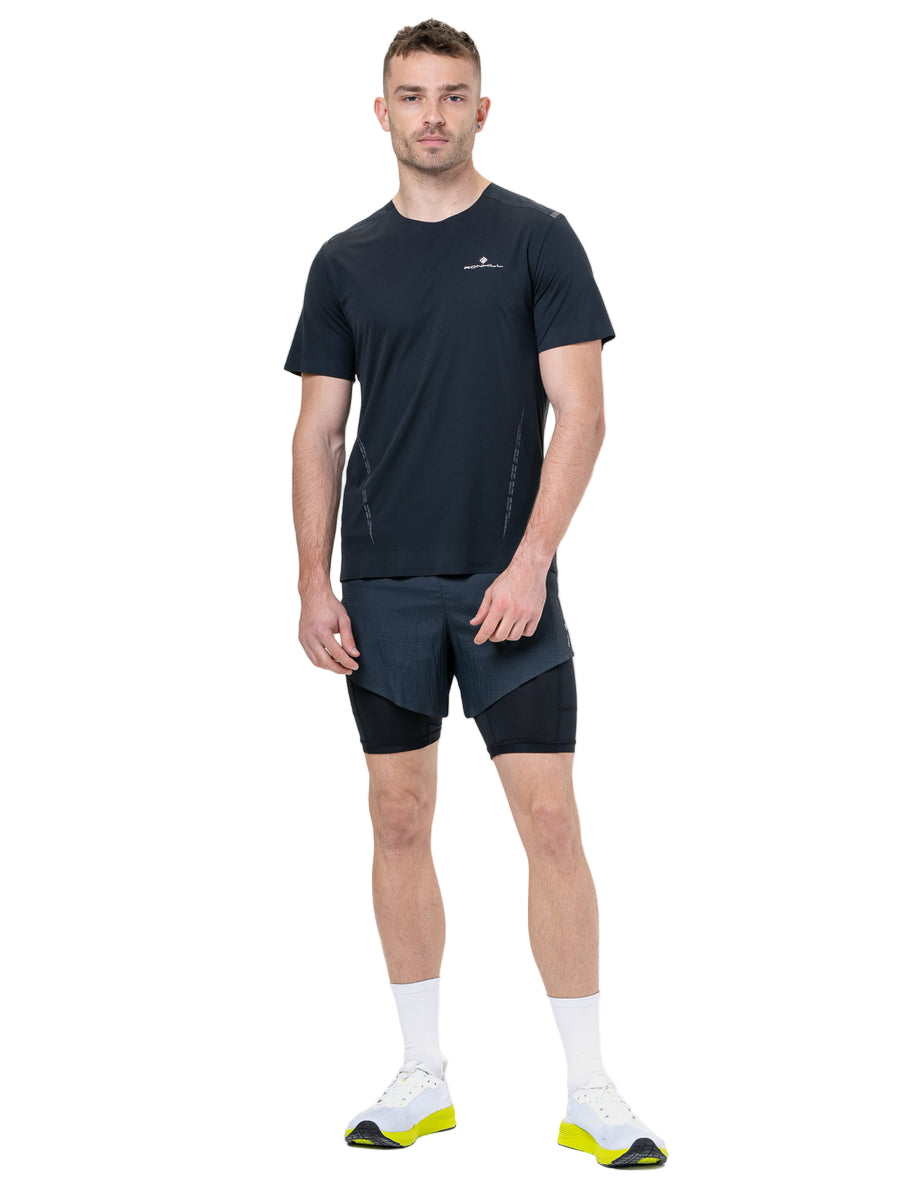 Ronhill Men's Tech Race Twin Short in All Black - worn, front