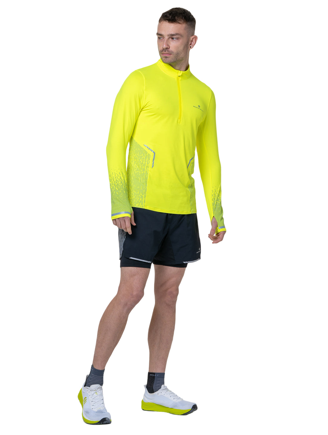Ronhill Men's Tech Reflect 1/2 Zip in Fluo Yellow/Reflect - worn, front