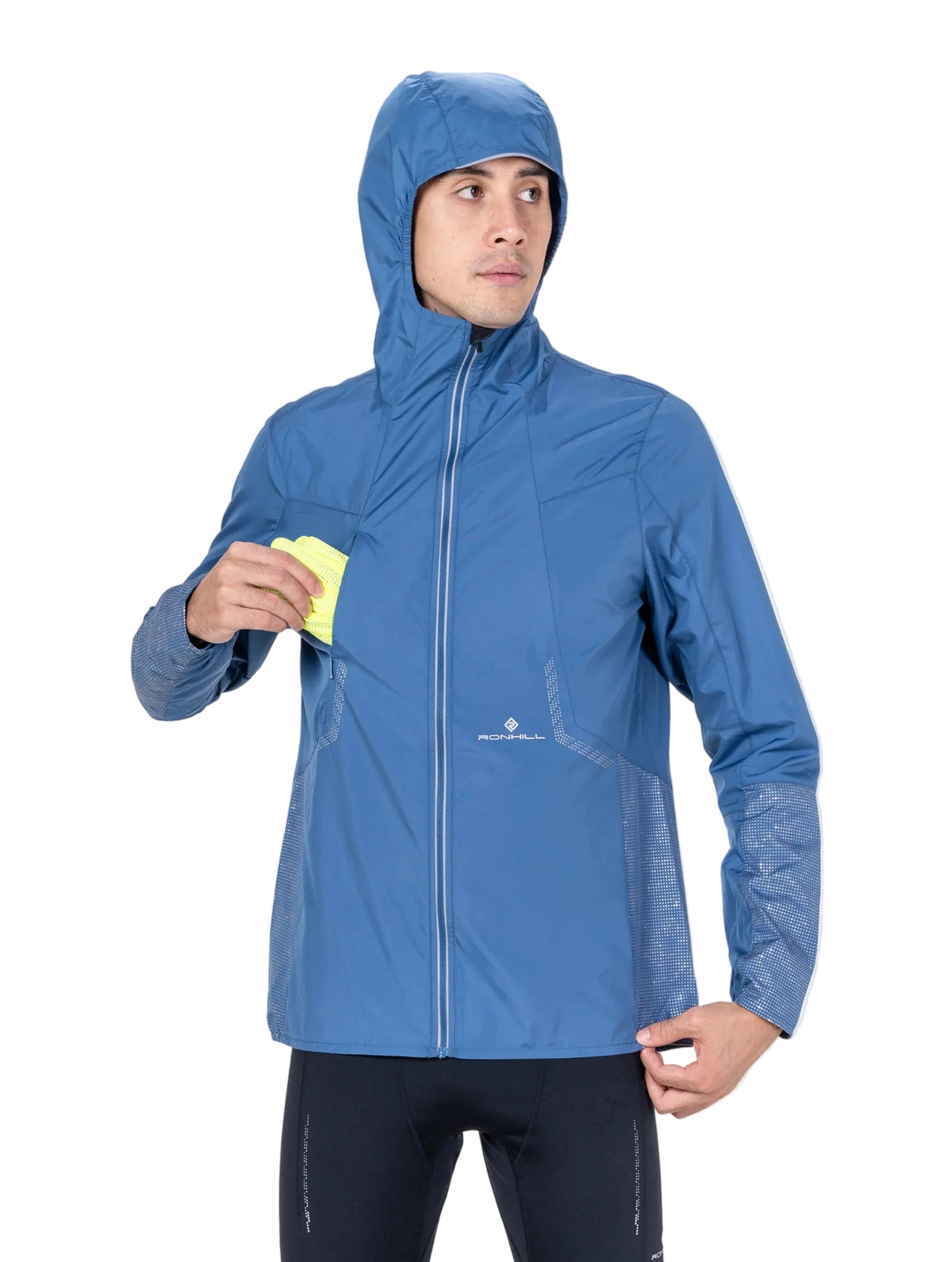 Ronhill Men's Tech Reflect Jacket in Glacier/Reflect - Studio Front Hood Up Candid