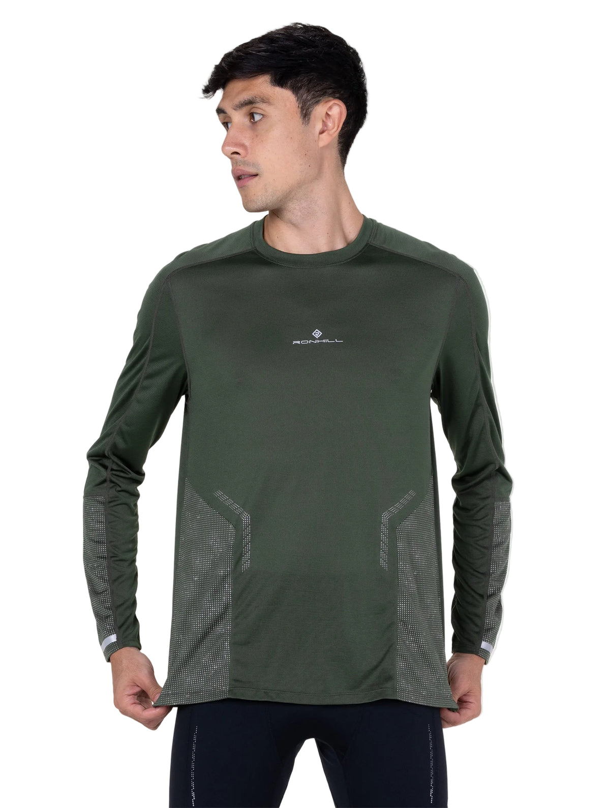 Ronhill Men's Tech Reflect L/S Tee in Kelp/Reflect - Studio Front Standing