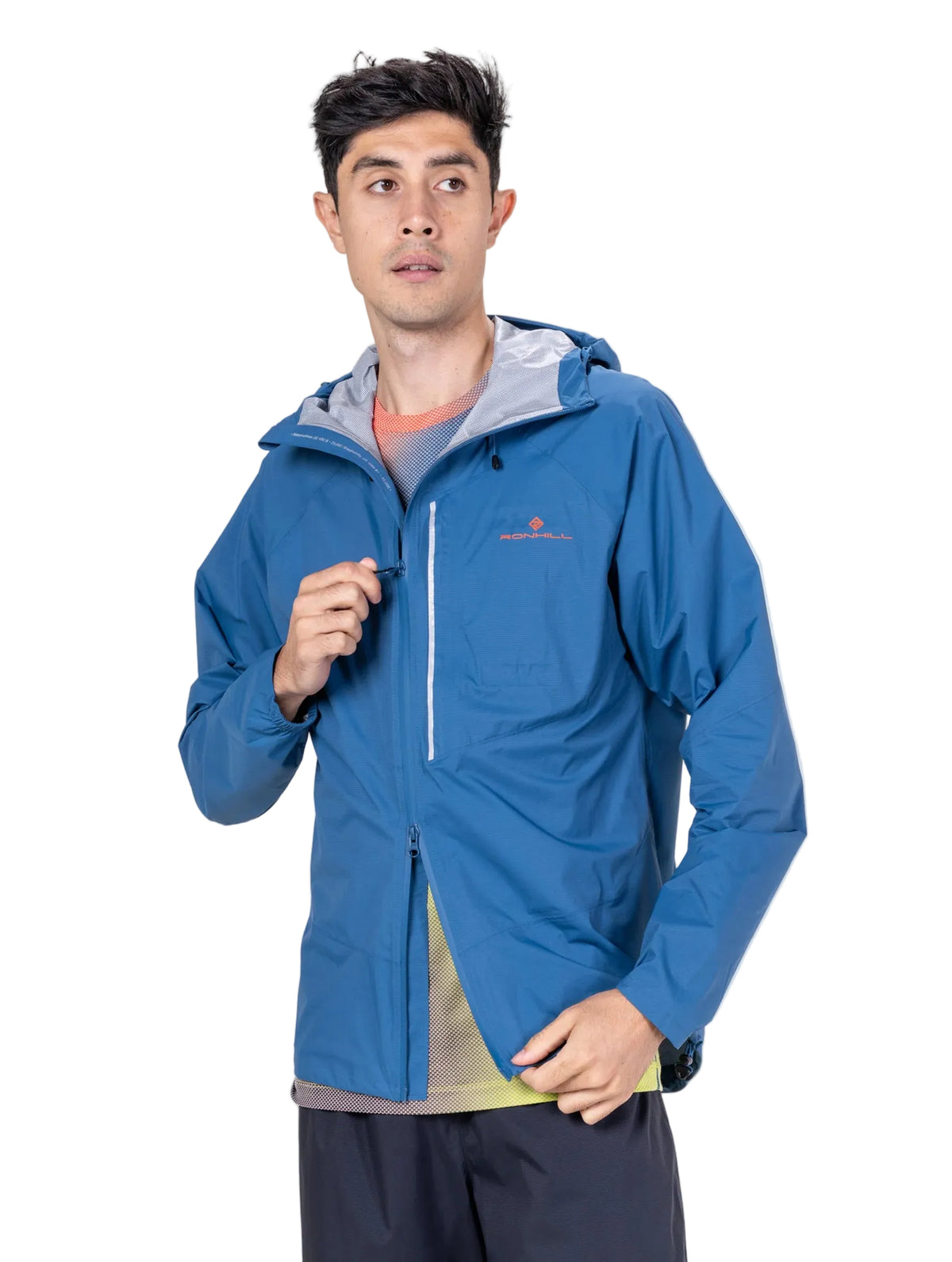 Ronhill Men's Tech Storm Jacket in Glacier/Ronhill Red - front, zip detail