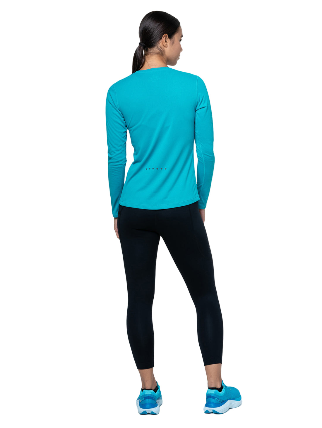 Ronhill Women's Core L/S Tee in Azure/Bright White - worn, back