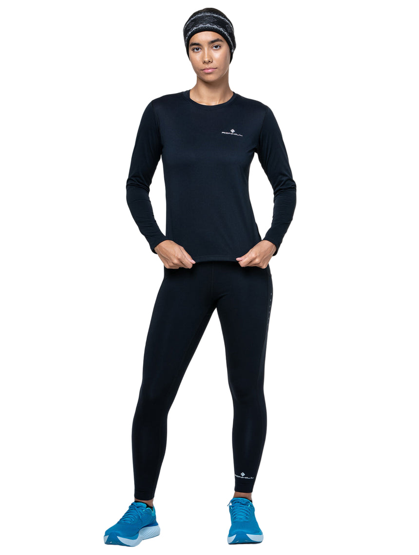 Ronhill Women's Core L/S Tee in Black/Bright White - worn, front