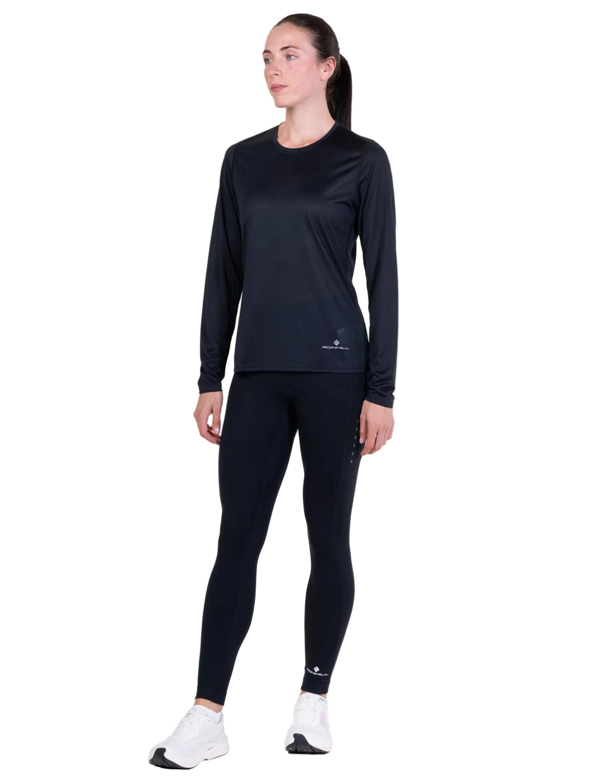Ronhill Women's Core L/S Tee in Black - worn, front, three-quarter