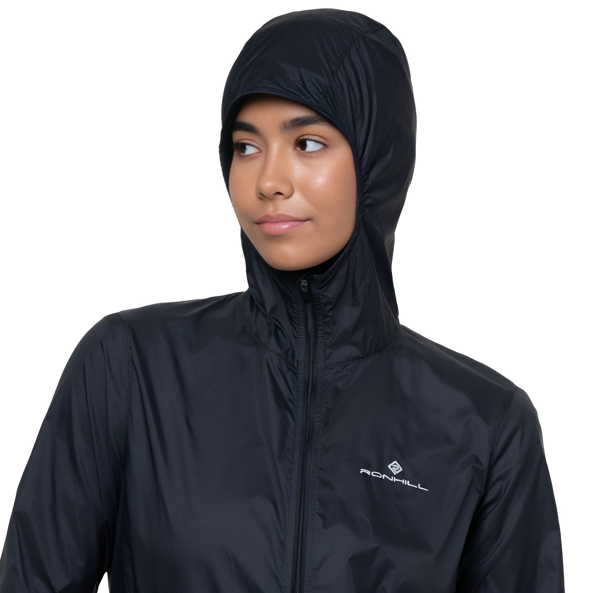 Ronhill Women's Tech All-Terrain Jacket in All Black - roll away hood detail