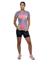 Ronhill Women's Tech Golden Hour S/S Tee Outdoor Action Multi Glow - Front Fit on Model