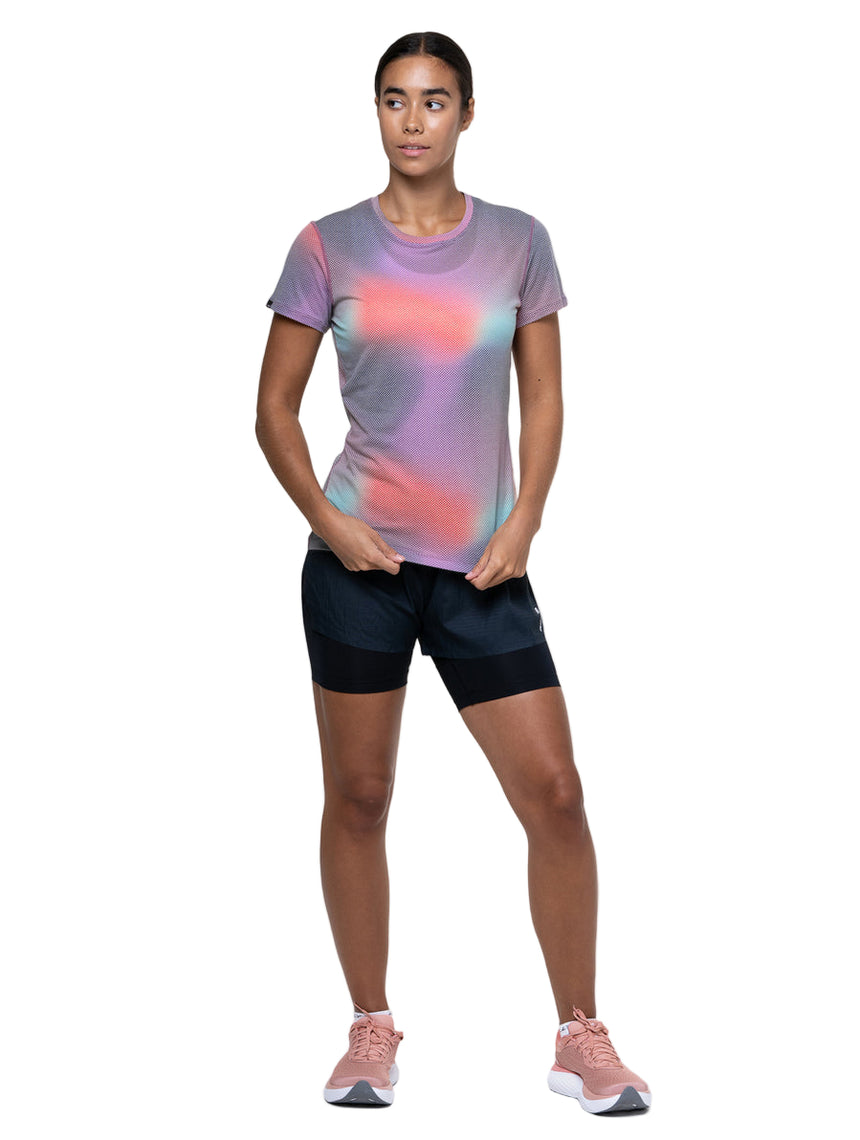 Ronhill Women's Tech Golden Hour S/S Tee Outdoor Action Multi Glow - Front Fit on Model