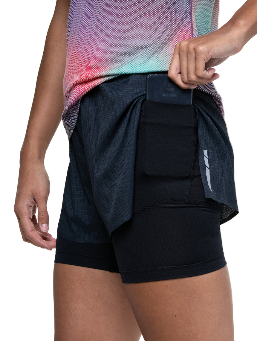 Ronhill Women's Tech Race Twin Short in All Black - thigh tuck pocket detail, 2