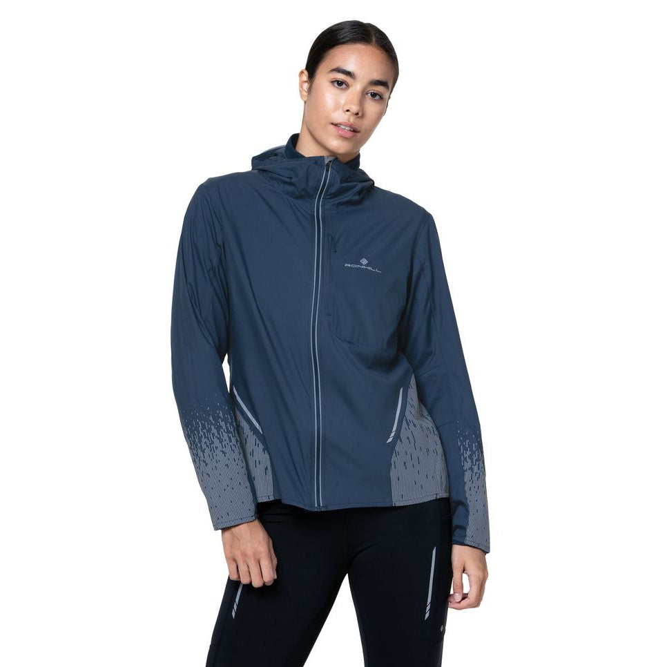 Ronhill Women's Tech Reflect Jacket in Dark Navy/Reflect - worn, front, close-up