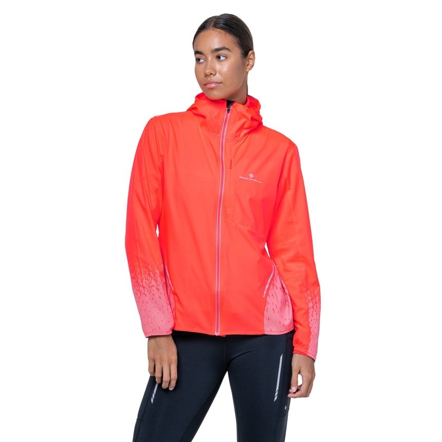 Ronhill Women's Tech Reflect Jacket in Hot Coral/Reflect - worn, front, close-up