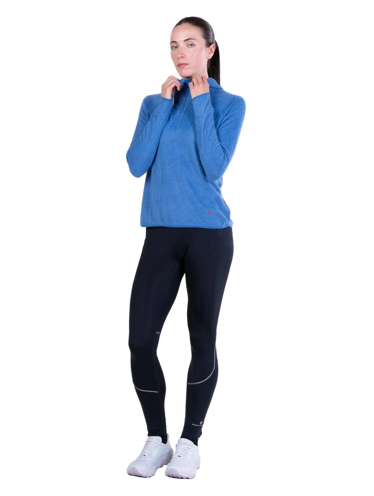 Ronhill Women's Tech Winter Primaloft Hoodie in Lumiere/Sumac - front, hand at collar, worn