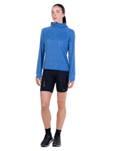 Ronhill Women's Tech Winter Primaloft Hoodie in Lumiere/Sumac - front, with shorts, worn