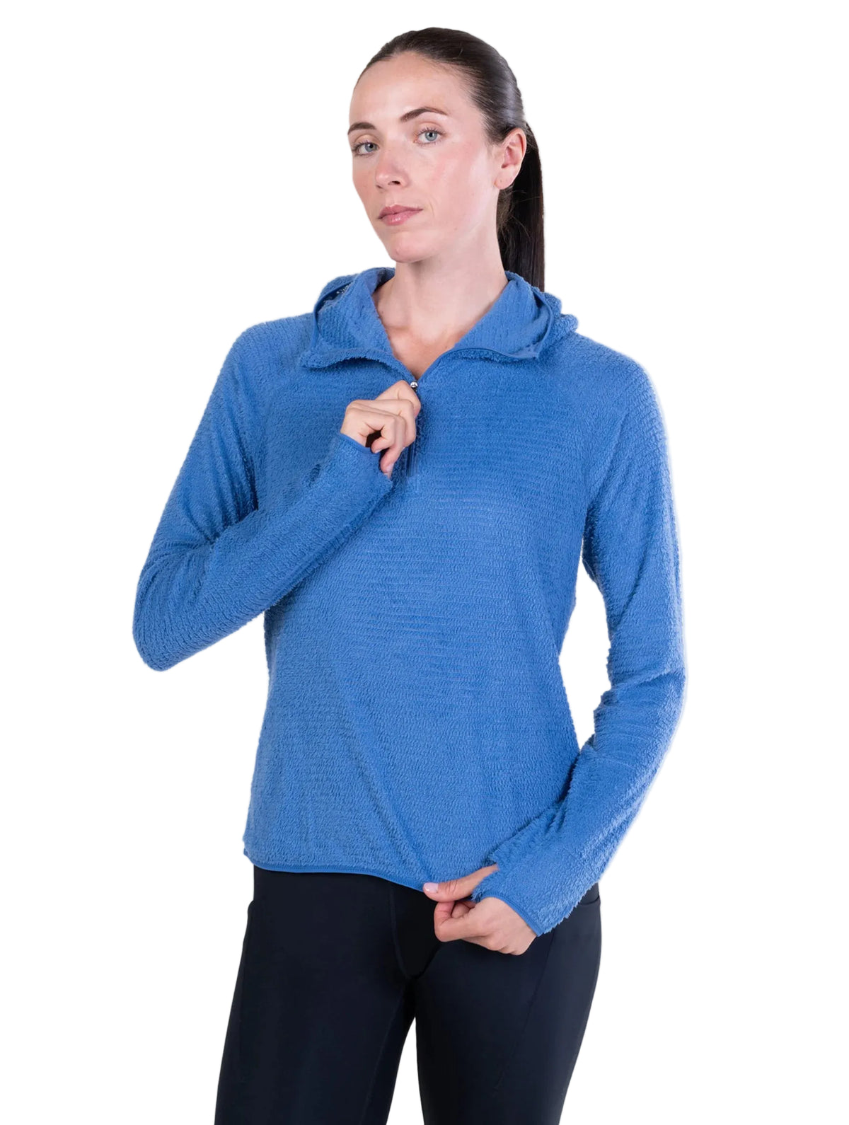Ronhill Women's Tech Winter Primaloft Hoodie in Lumiere/Sumac - three-quarter, collar up, worn