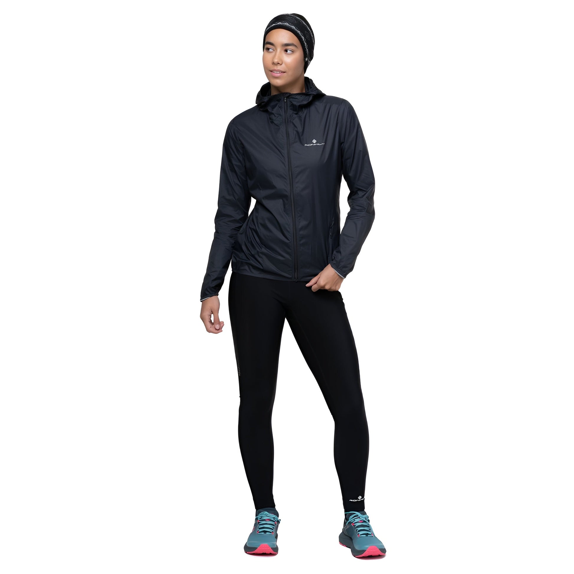 Ronhill Women's Tech All-Terrain Jacket Outdoor Action All Black- front Fit on Model