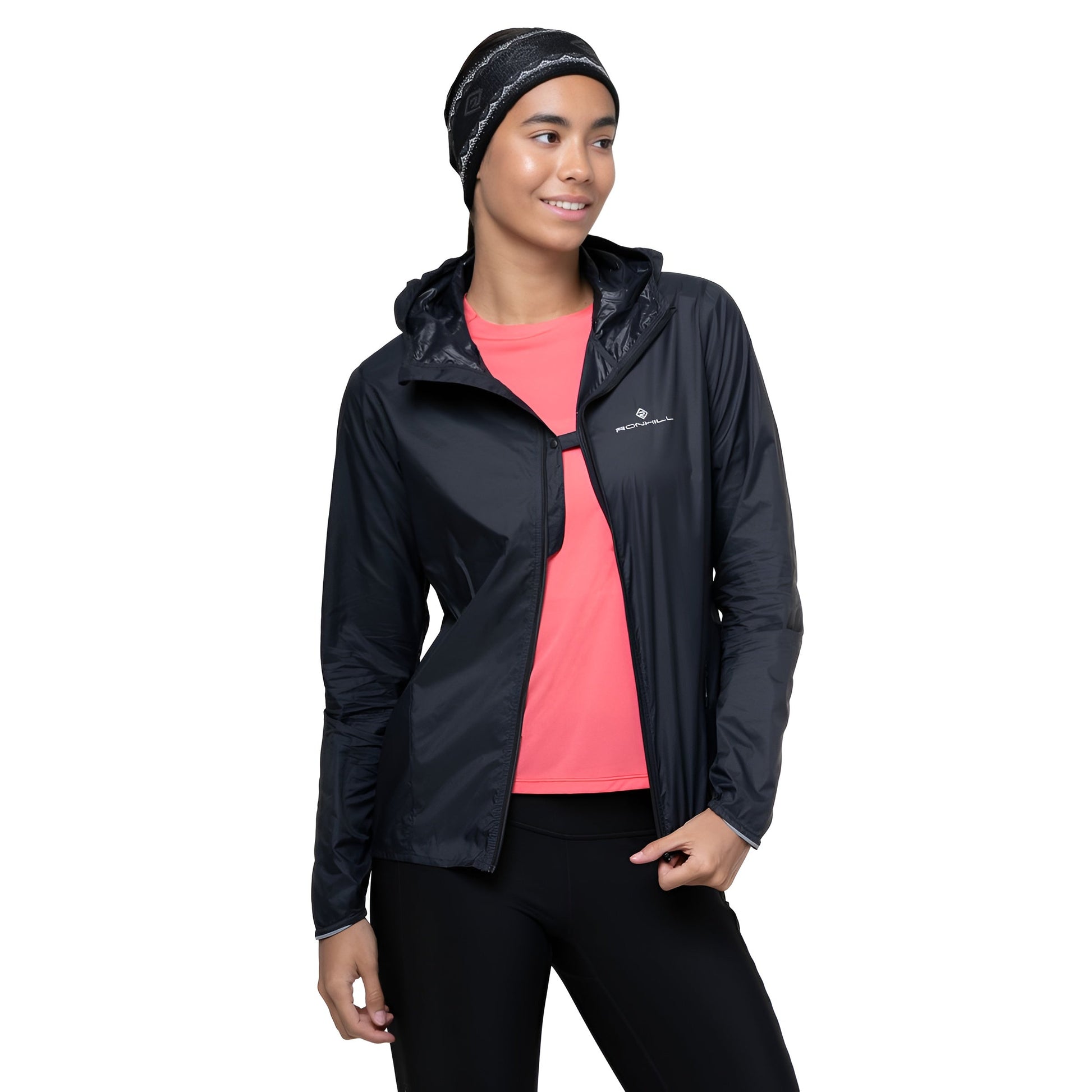 Ronhill Women's Tech All-Terrain Jacket Outdoor Action All Black- Opened Zip