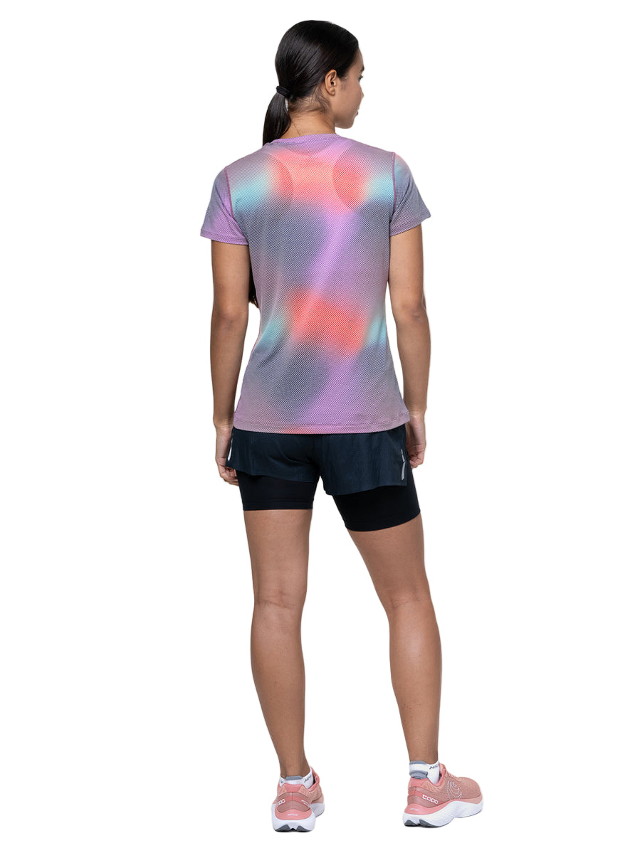 Ronhill Women's Tech Golden Hour S/S Tee Outdoor Action Multi Glow - Back Fit on Model