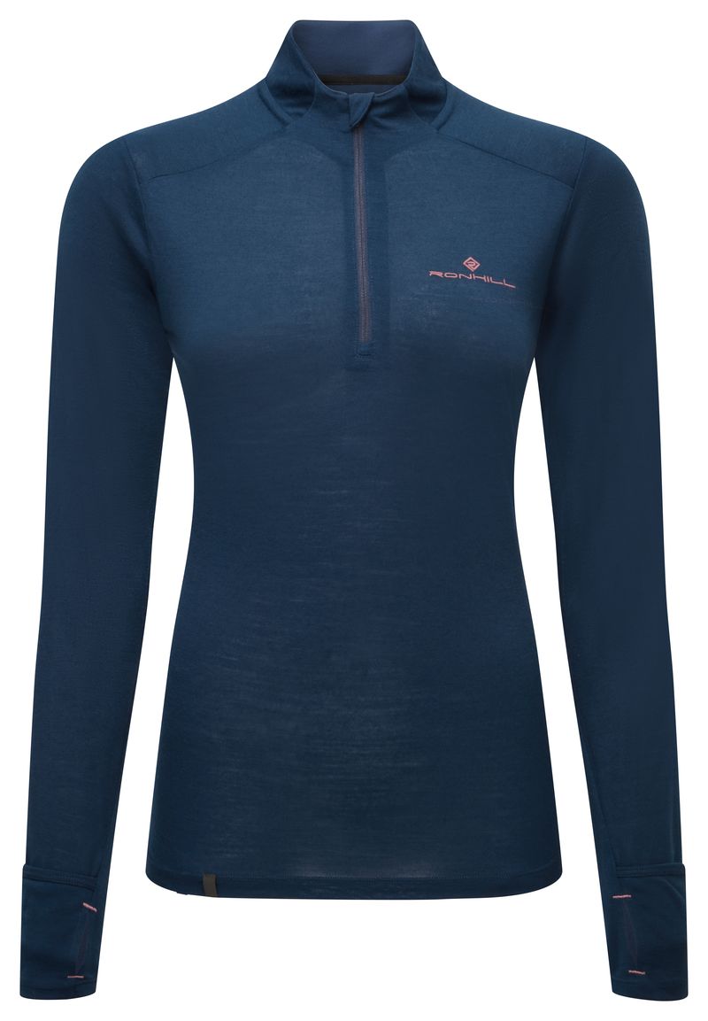 Ronhill Women's Tech Merino 1/2 Zip Outdoor Action Dark Navy/Dusty Tulip- Front