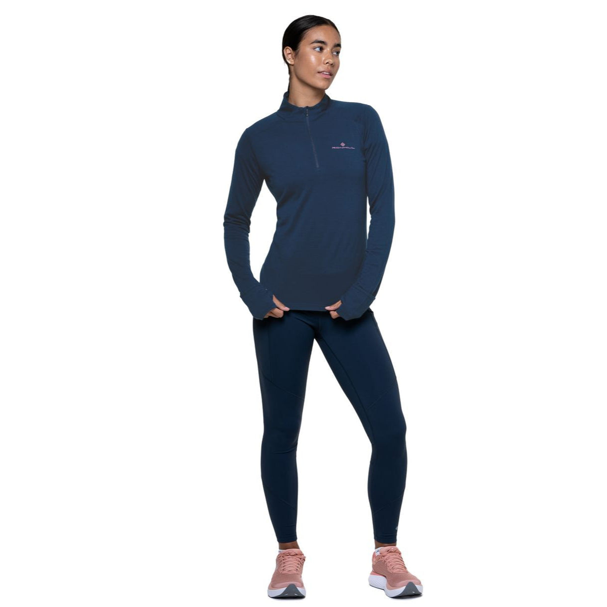Ronhill Women's Tech Merino 1/2 Zip Outdoor Action Dark Navy/Dusty Tulip- Full Front Fit on Model