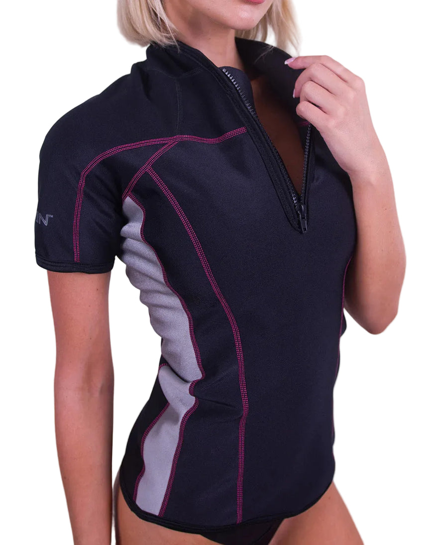 Sharkskin Chillproof Short Sleeve Top with Chest Zip - Women's Pink/Black - Front Angle View