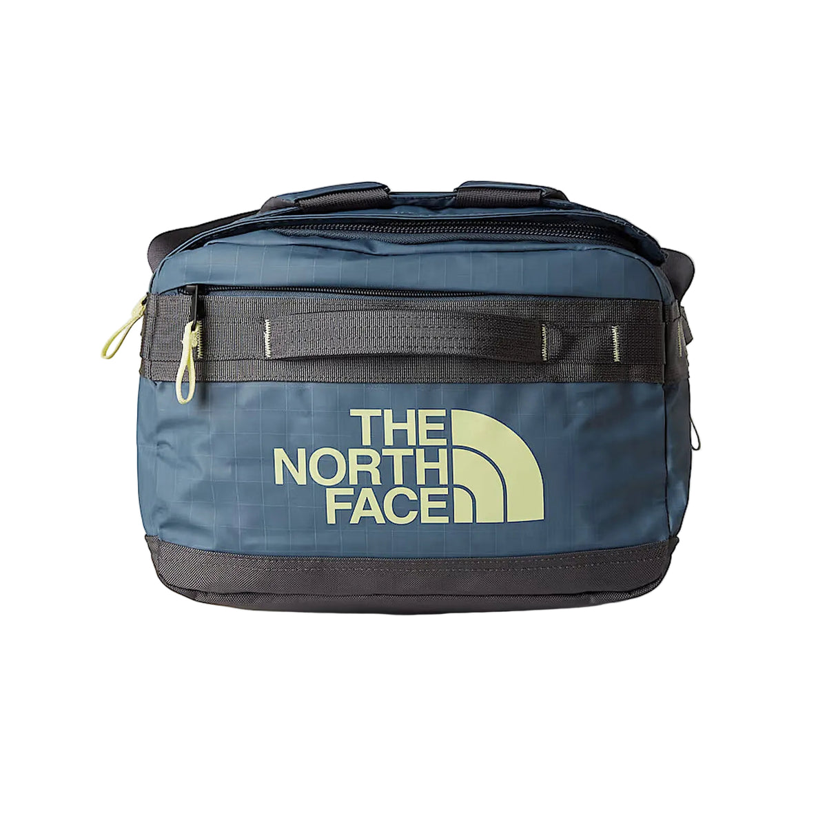 The North Face Base Camp Voyager Duffel 42L in Anthracite Grey/Pigment Yellow - front logo detail