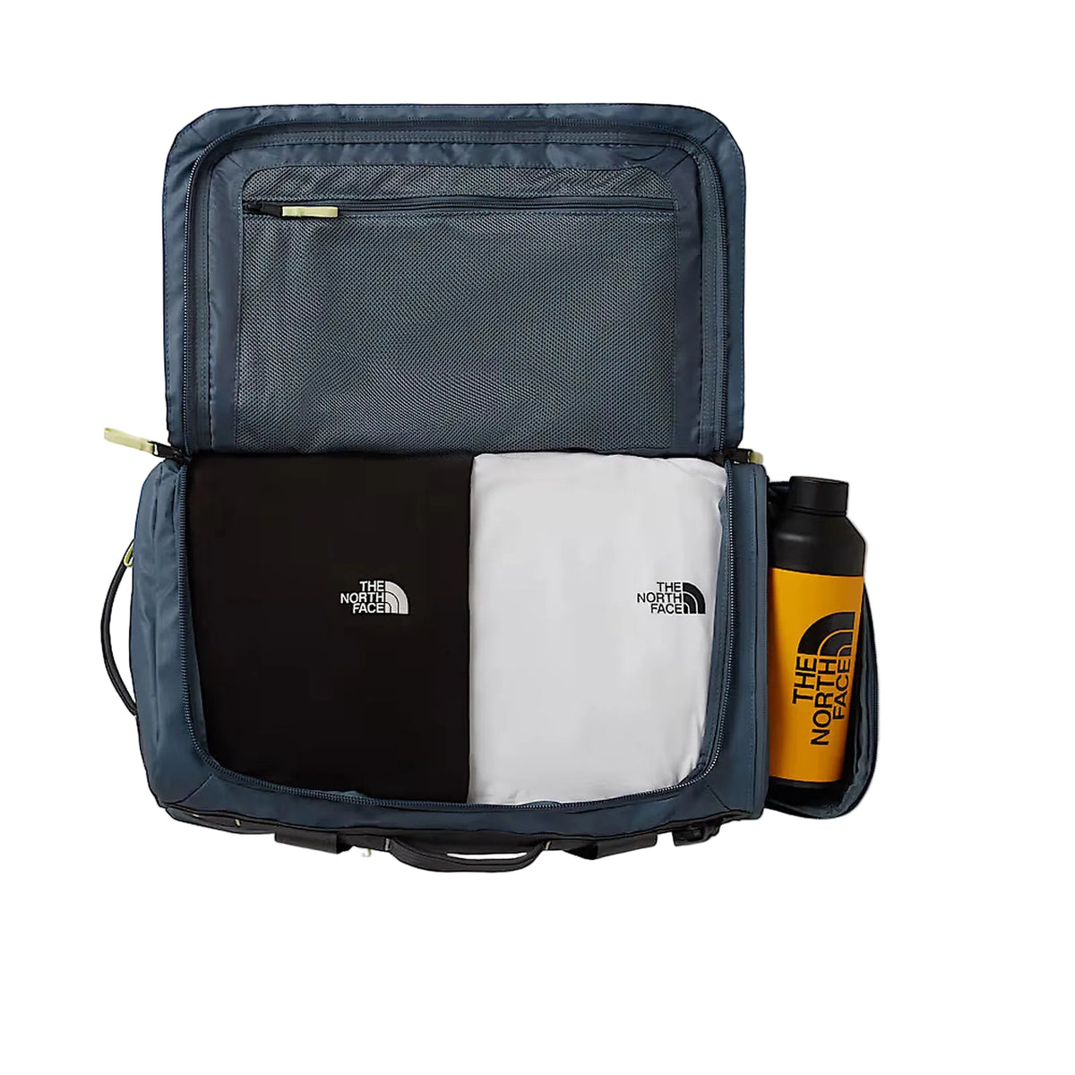 The North Face Base Camp Voyager Duffel 42L in Anthracite Grey/Pigment Yellow - packed interior detail