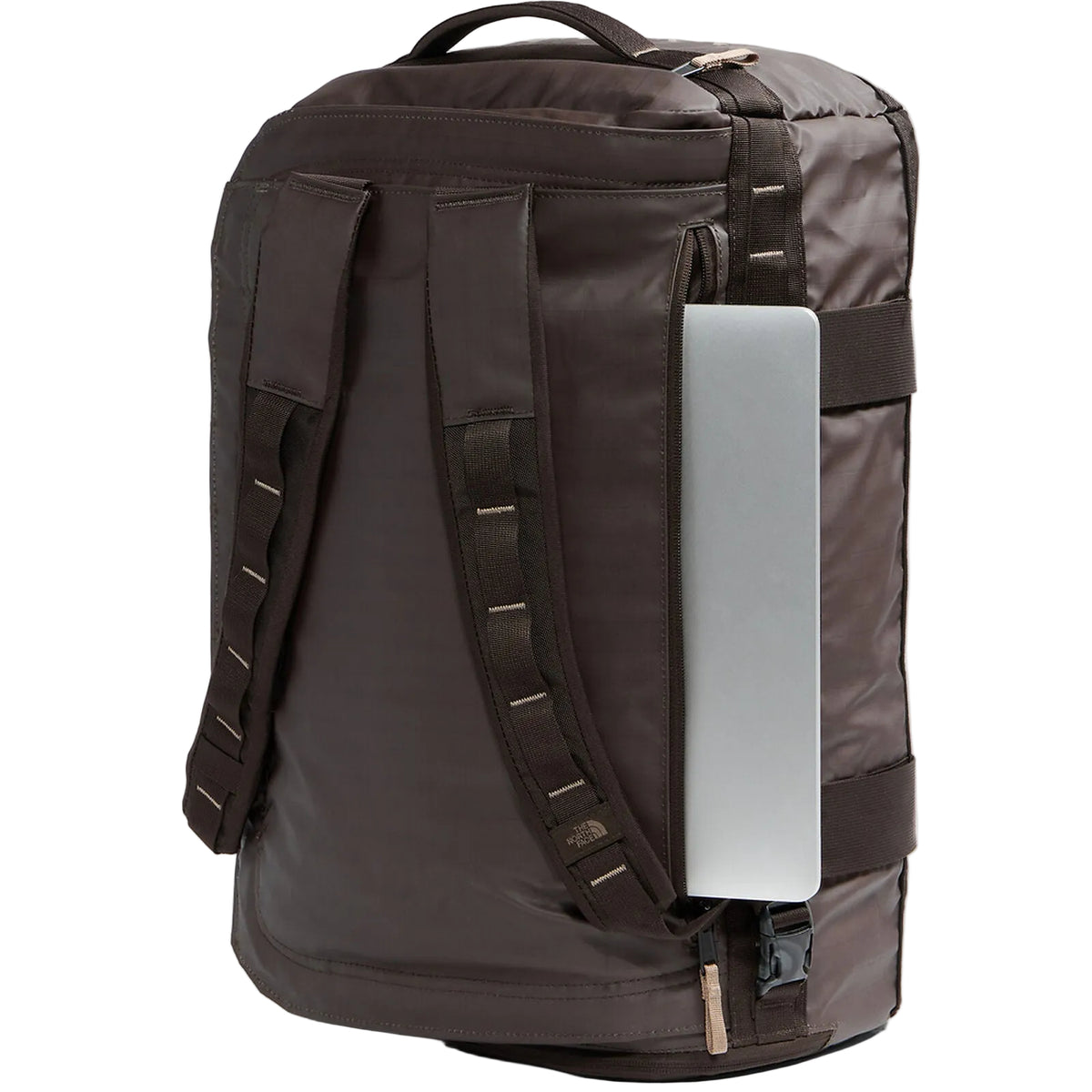 The North Face Base Camp Voyager Duffel 42L in Dark Chestnut/Garnet - back with laptop sleeve detail