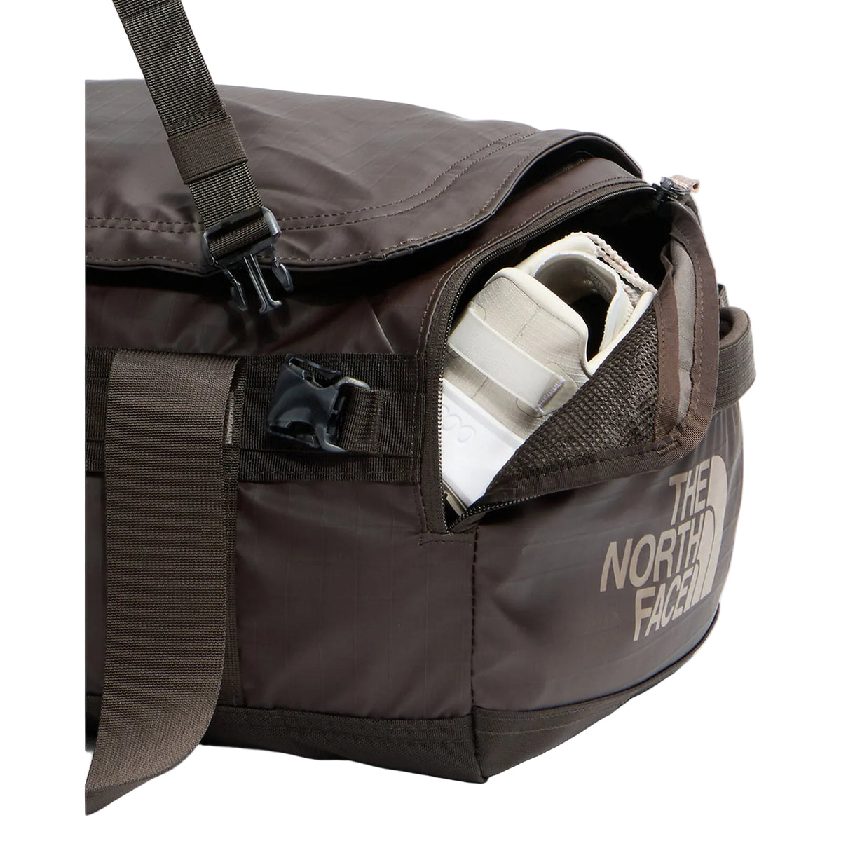 The North Face Base Camp Voyager Duffel 42L in Dark Chestnut/Garnet - side pocket detail