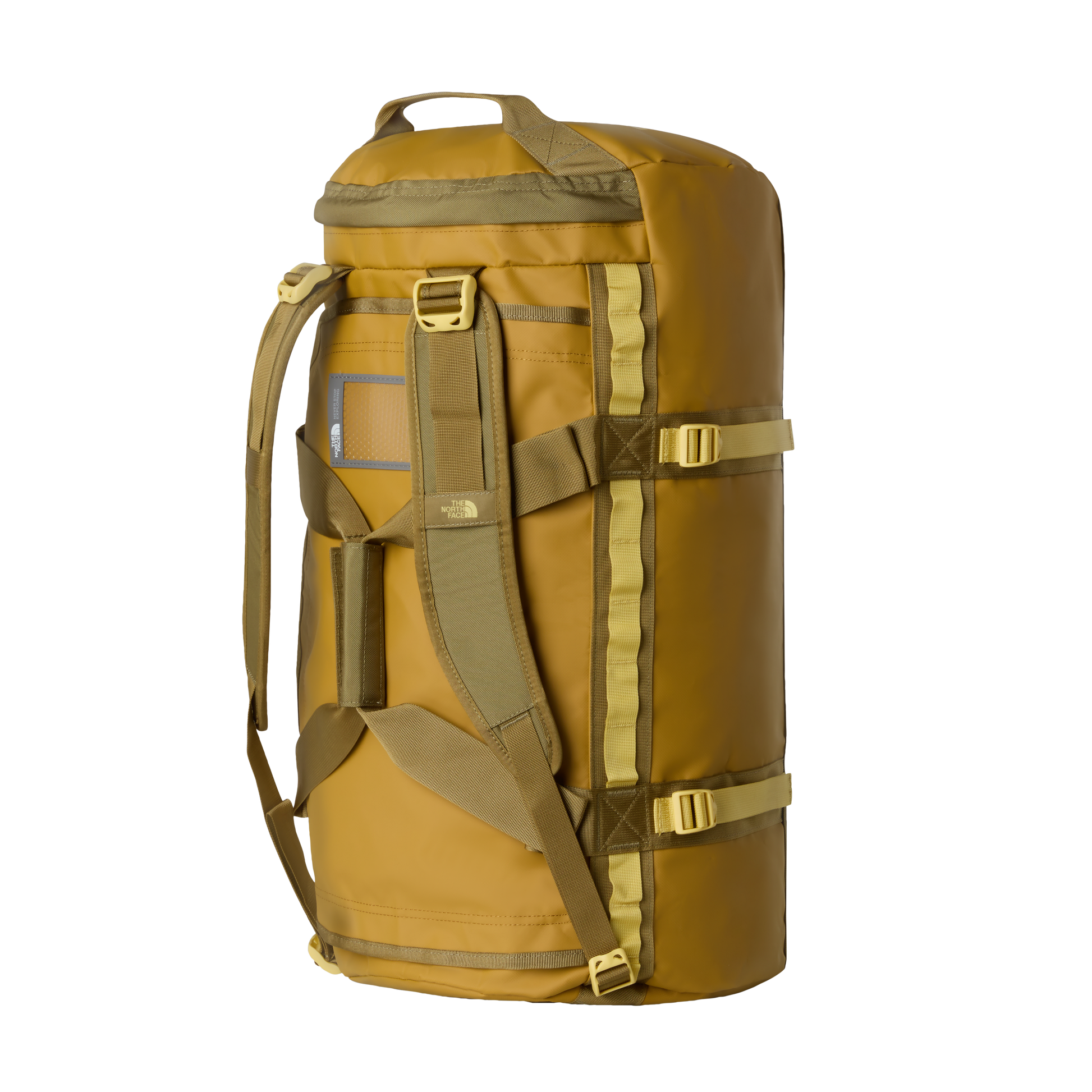 The North Face Base Camp Duffel Medium Golden Tan/Cedar - lifestyle shot showing versatile backpack and duffel carry options