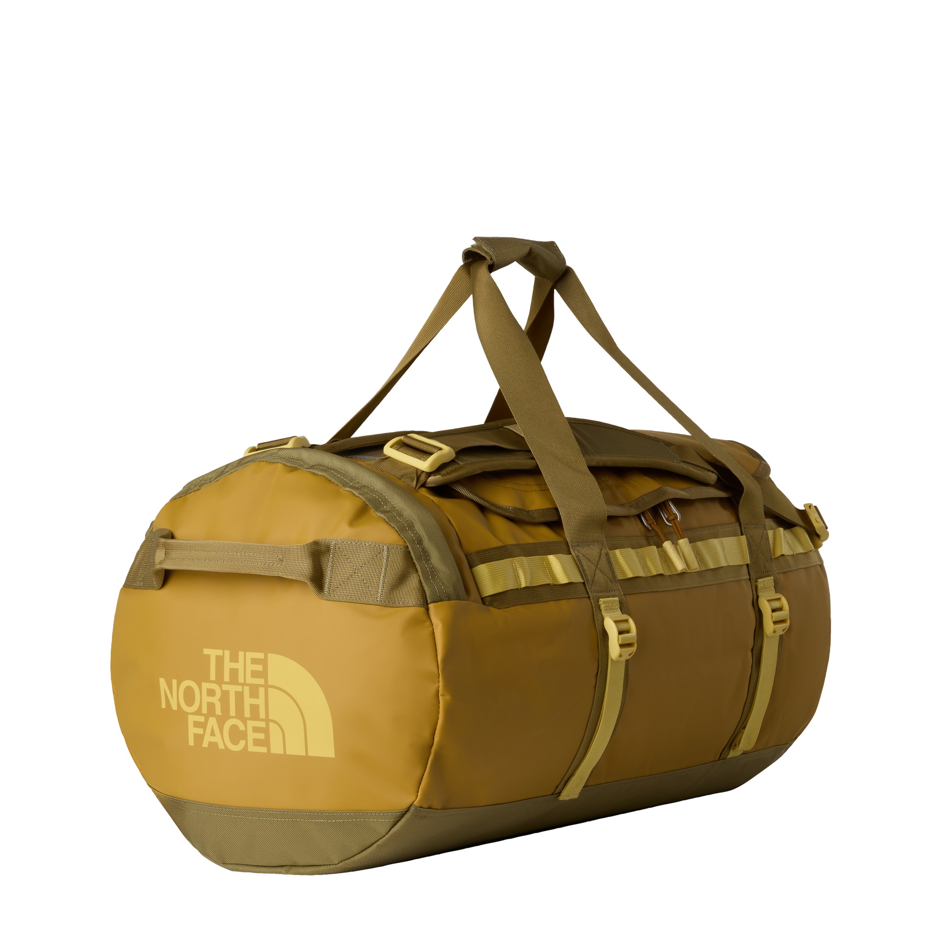 The North Face Base Camp Duffel Medium in Golden Tan/Cedar - front view showing water-resistant recycled fabric construction