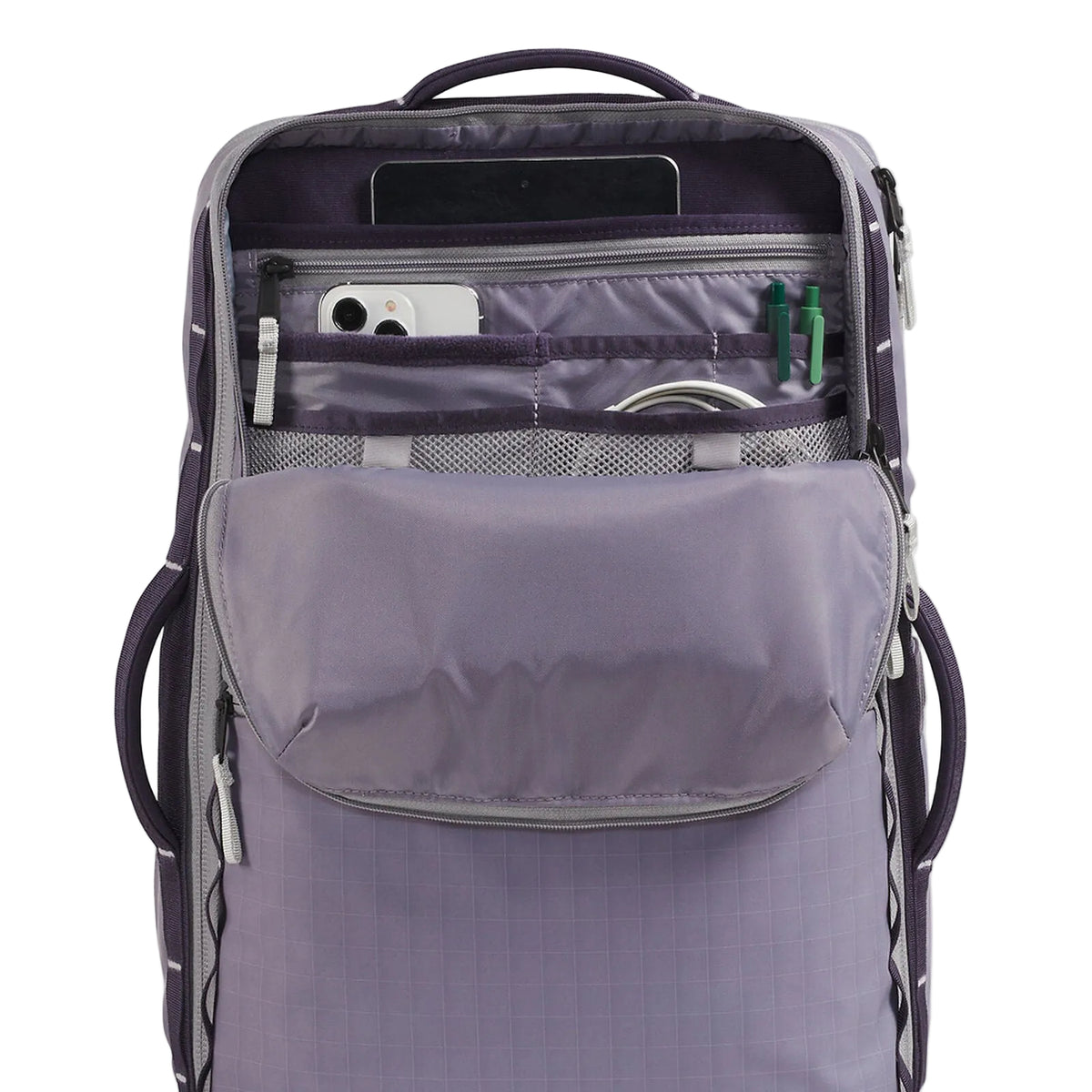 Interior view of The North Face Base Camp Voyager Daypack showing adjustable divider and fleece-lined laptop compartment