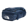 The North Face Base Camp Voyager Duffel 32L in Shady Blue/Summit Navy - front view showing recycled fabric construction