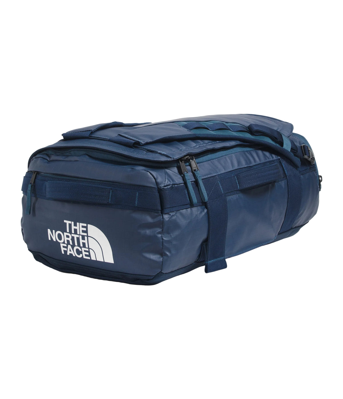 The North Face Base Camp Voyager Duffel 32L in Shady Blue/Summit Navy - front view showing recycled fabric construction