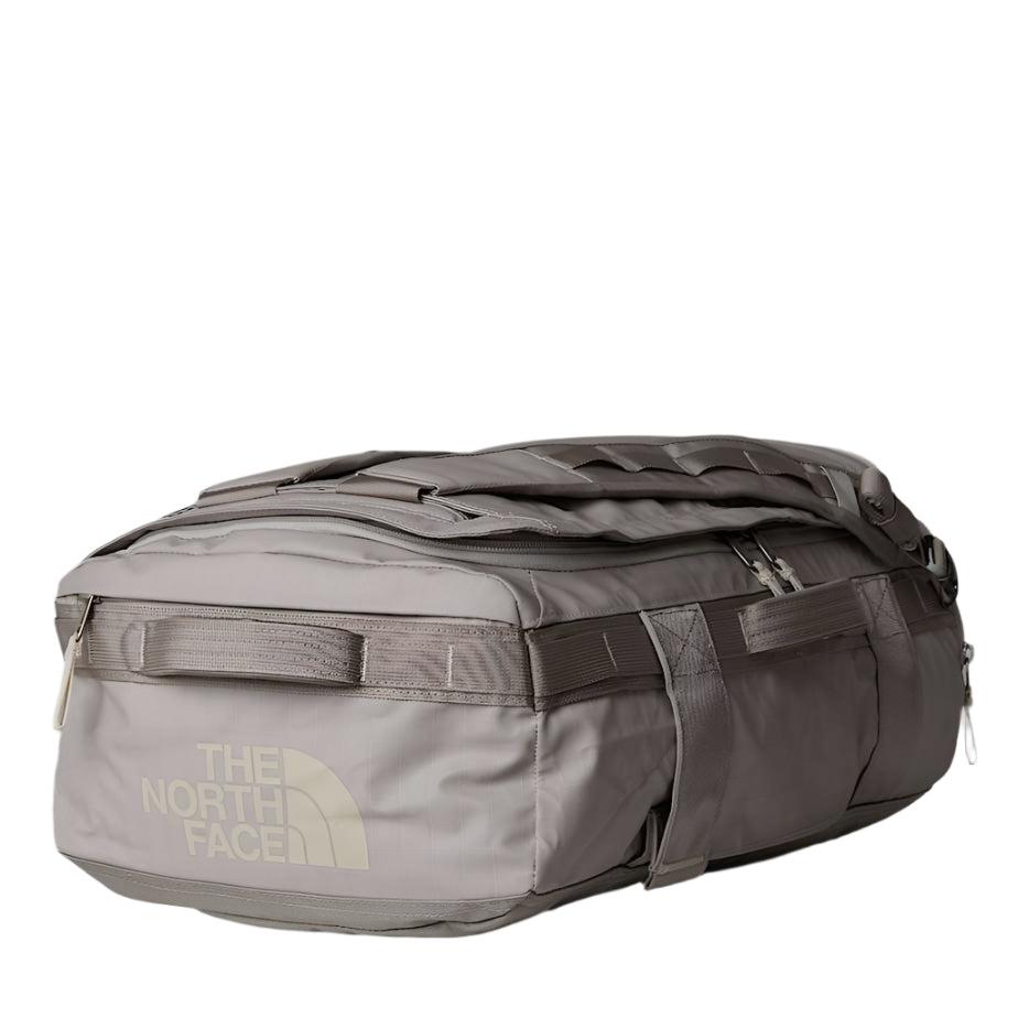 The North Face Base Camp Voyager Duffel 32L in Soapstone/Stone Slab - front view showing recycled fabric construction and external zip pocket