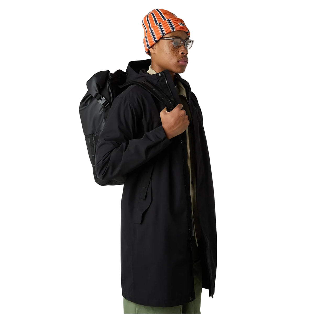 Detail shot of The North Face Base Camp Voyager Roll Top Backpack showing reflective details and secure-zip pocket